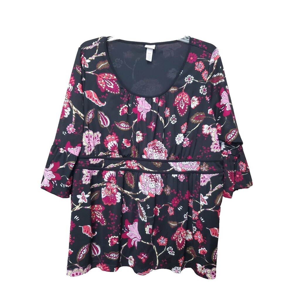 Venezia Black Floral Scoop Neck Bell Sleeve Lined Tunic Size 26/28